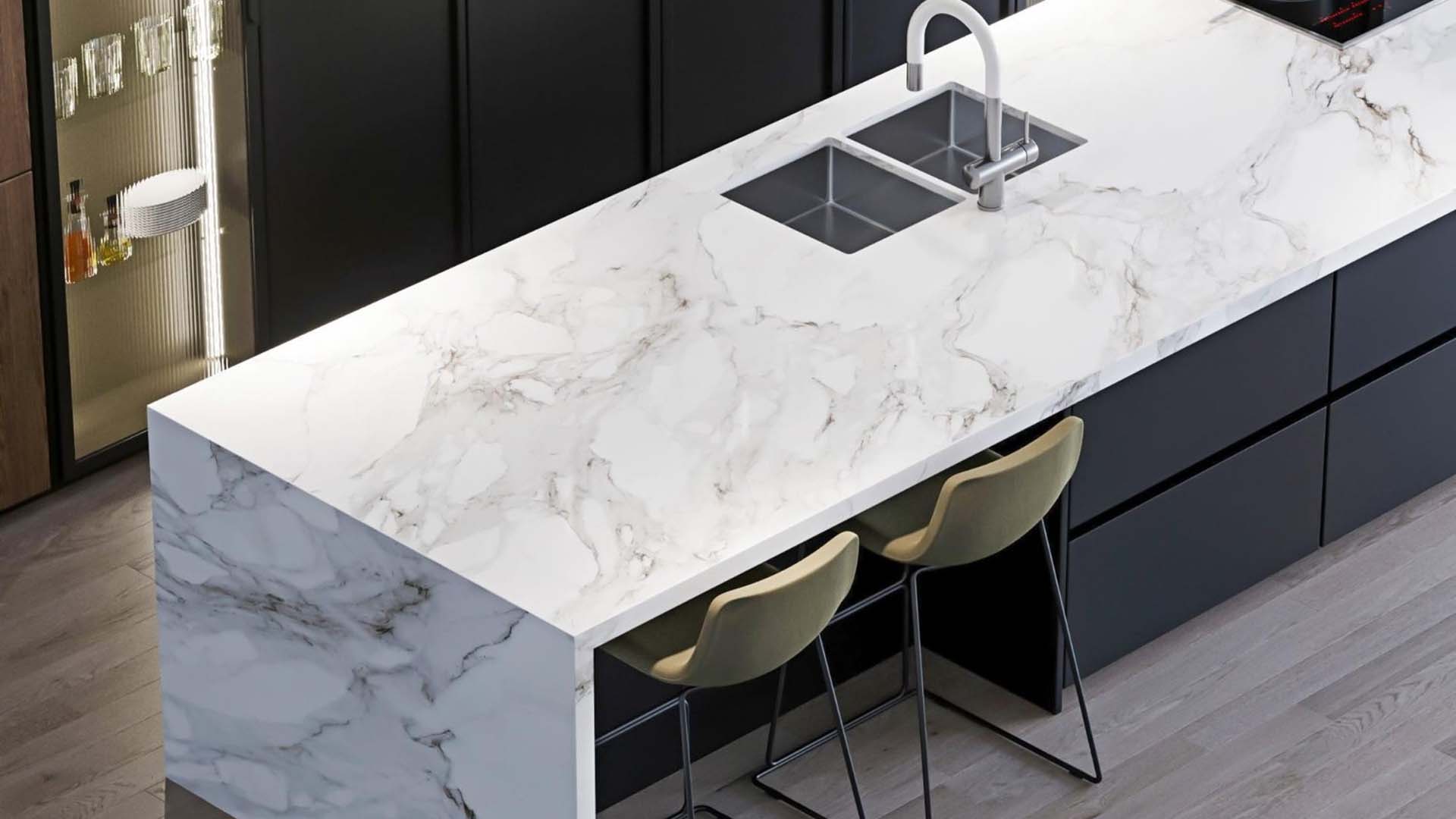 Waterfall edge countertop detail on a kitchen island